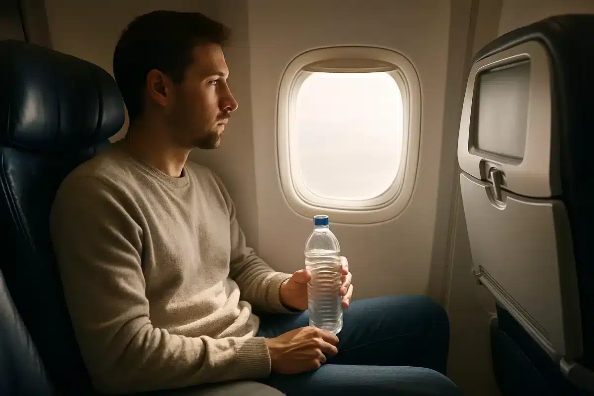 Voyageur hydraté pendant un vol long-courrier