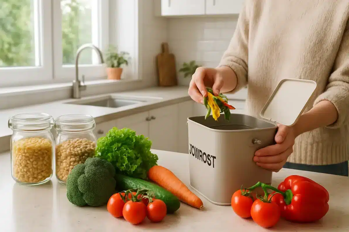 Cuisine avec légumes frais et bocaux de conservation pour limiter les déchets pendant une grève des éboueurs