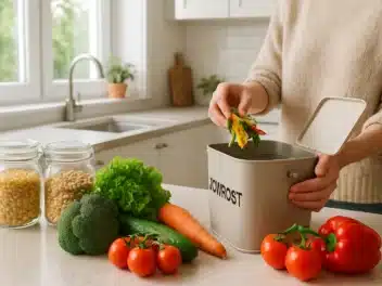Cuisine avec légumes frais et bocaux de conservation pour limiter les déchets pendant une grève des éboueurs