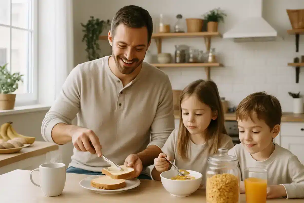 Parent préparant le repas de ses enfants tout en pratiquant le jeûne intermittent