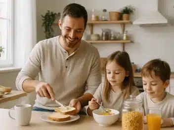 Parent préparant le repas de ses enfants tout en pratiquant le jeûne intermittent