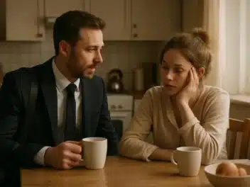 Couple aux horaires décalés se croisant le matin dans leur cuisine