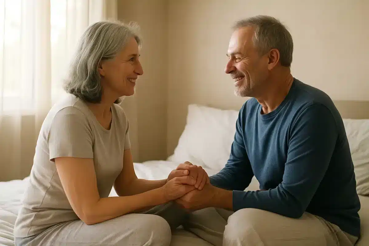Couple se tenant les mains après une convalescence, retrouvant la complicité