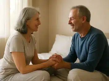 Couple se tenant les mains après une convalescence, retrouvant la complicité