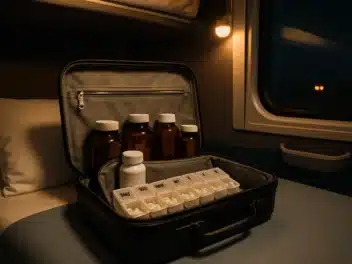 Compléments alimentaires rangés dans une trousse posée sur une couchette de train de nuit