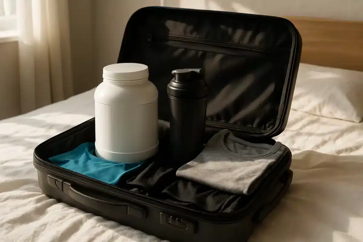 Pot de protéine en poudre posé dans une valise ouverte avant un voyage