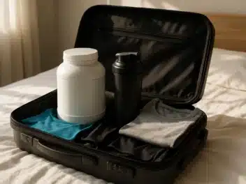 Pot de protéine en poudre posé dans une valise ouverte avant un voyage